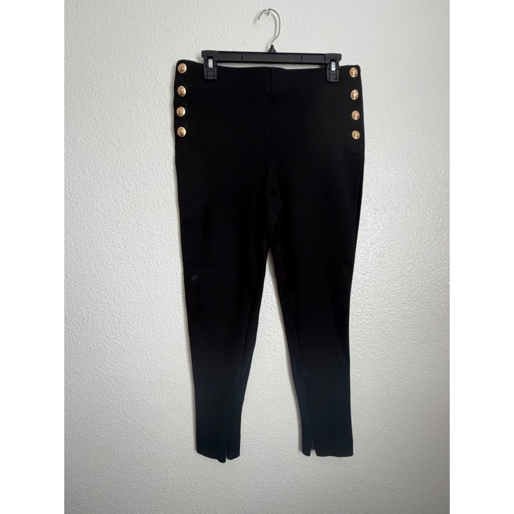 Ann Taylor Women Black Ponte Leggings Gold Button Detail Ankle Zip Size L